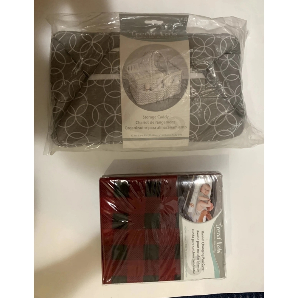 SET OF 2 TREND LAB STORAGE CADDY GRAT AND CHANGING COVER PADS BUFFALO CHECK BABY